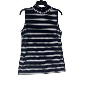 Premise Sleeveless Top Women's Size Medium Striped Navy‎ Blue Mock Neck Shirt